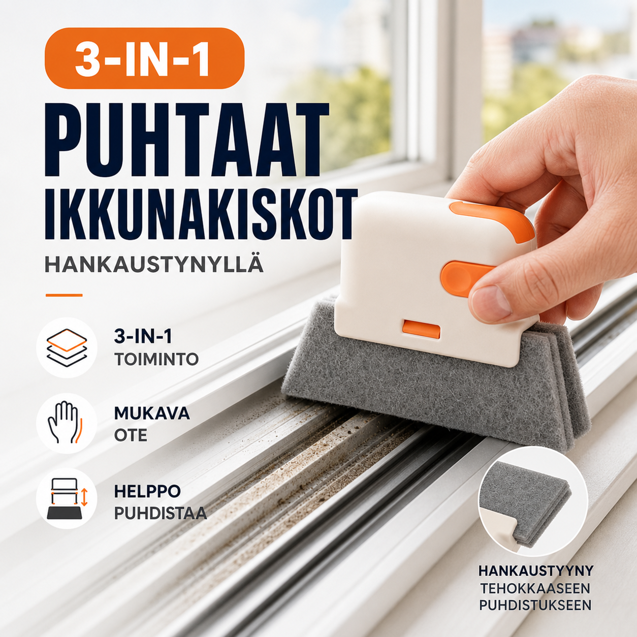 3-in-1-ikkunakiskojen puhdistustyökalu, jossa on hankaustyyny