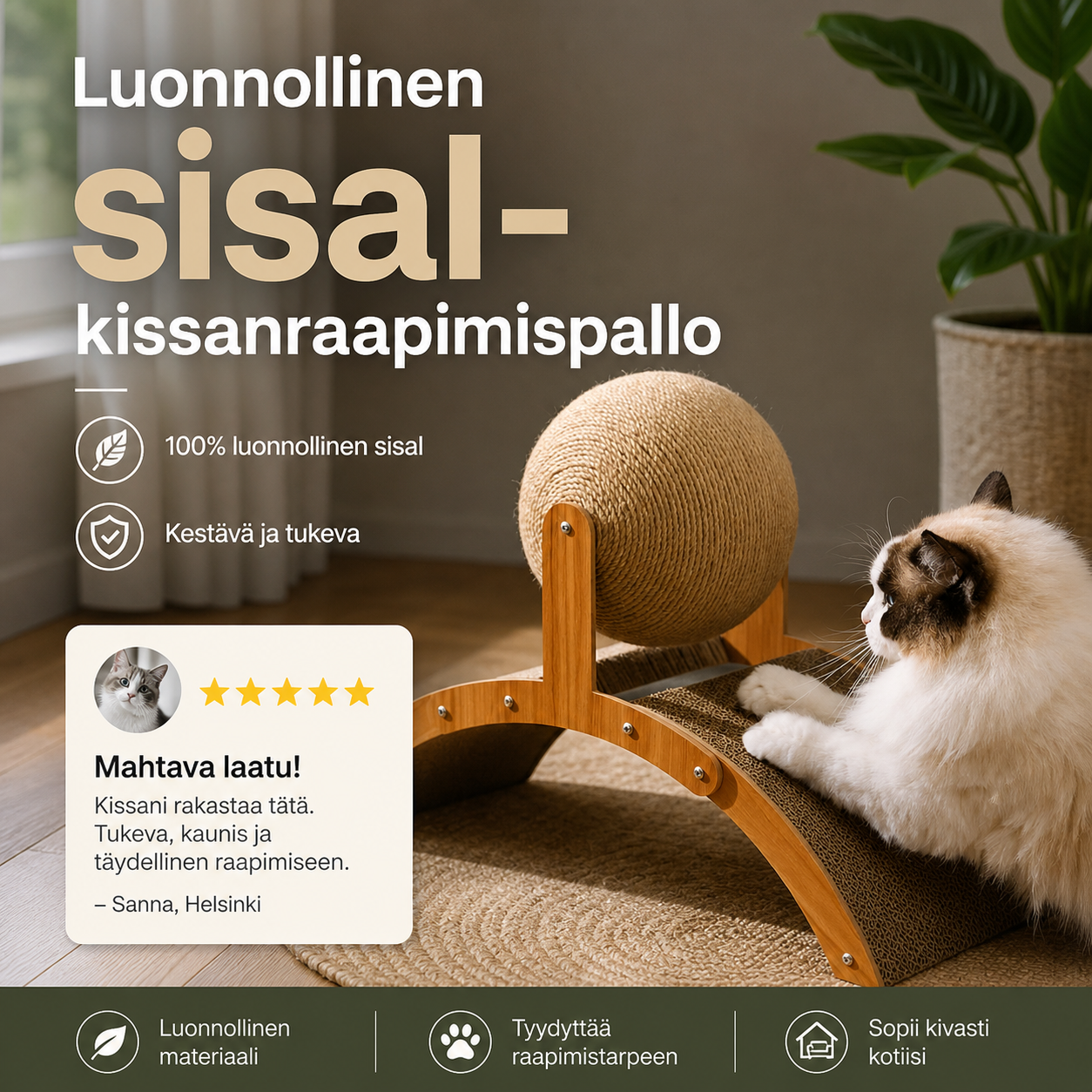 🎉 Vuoden 2026 tarjous — Yli 35 300 myyty! 🐈 Luonnollinen sisalikissanraapimispallo pahvialustalla