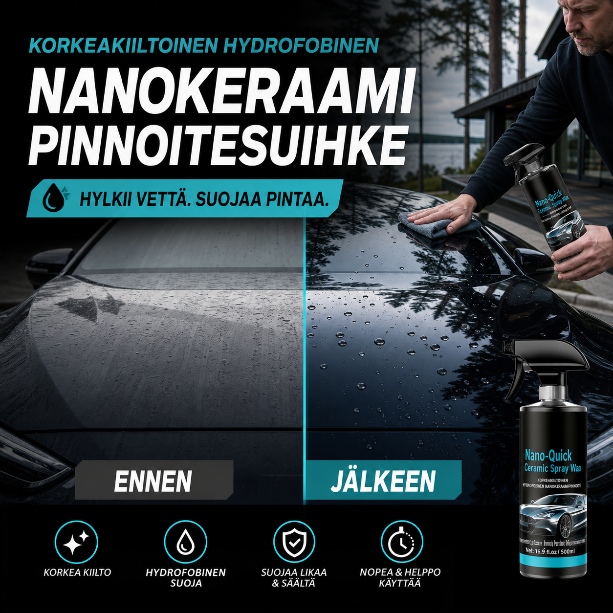 🔥Rajoitetun ajan tarjous -50%🔥Korkeakiiltoinen hydrofobinen nanokeraamipinnoitesuihke