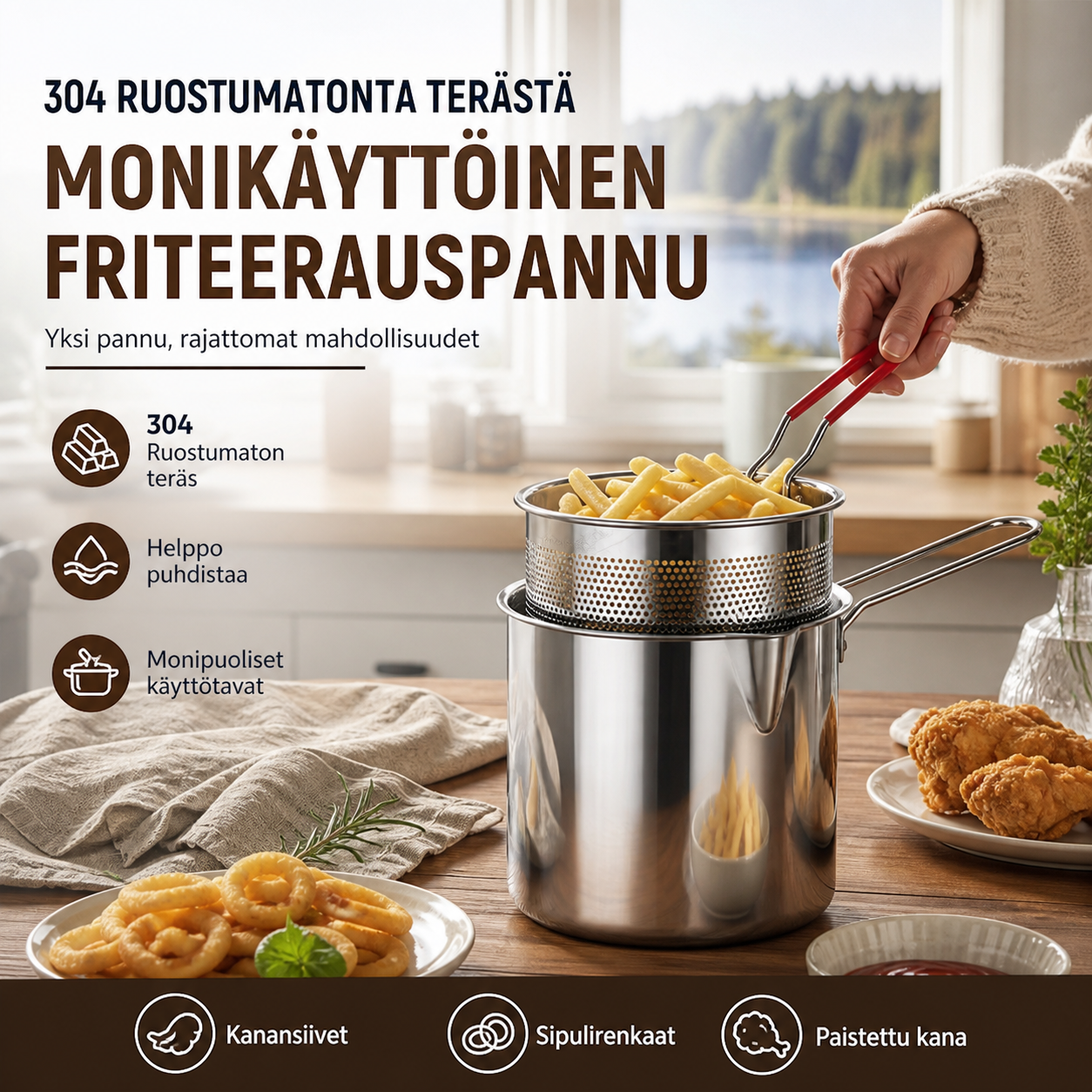 🔥VIIMEINEN PÄIVÄ – 50% ALENNUS🎁 304 Ruostumatonta terästä – Monikäyttöinen friteerauspannu