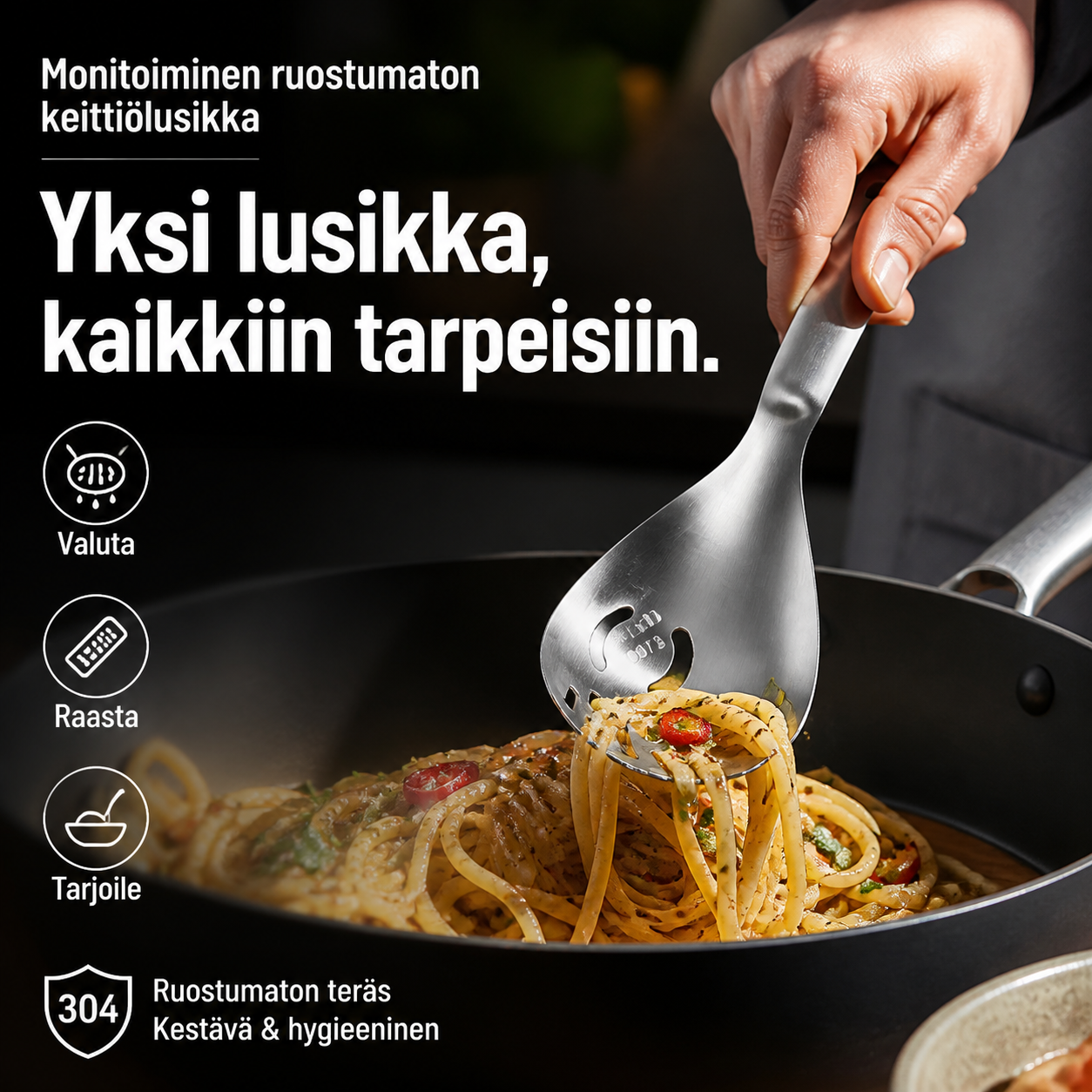 Monikäyttöinen ruostumattomasta teräksestä valmistettu keittiölusikka – kestävä ja tyylikäs keittiöön!