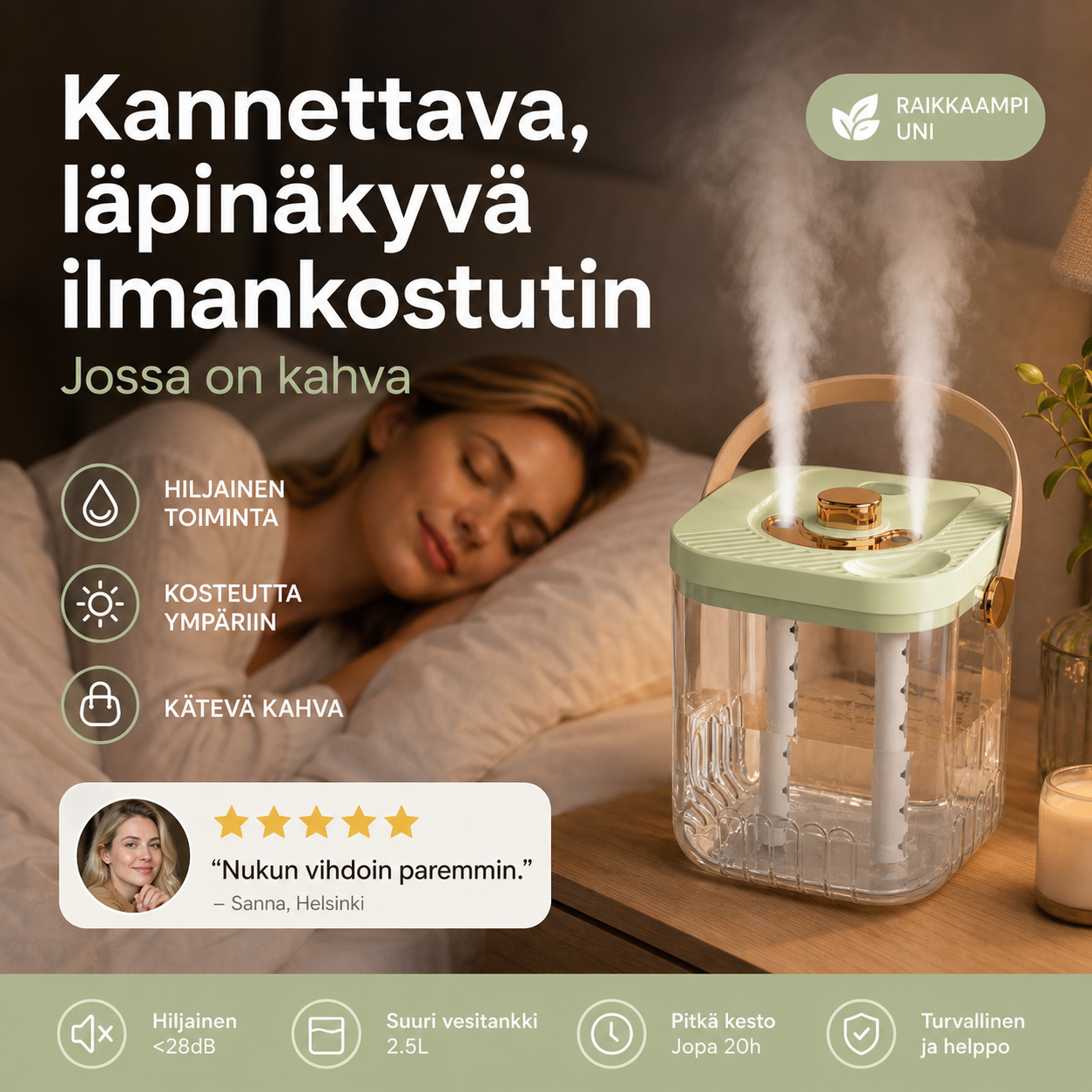 Kannettava, läpinäkyvä ilmankostutin, jossa on kahva