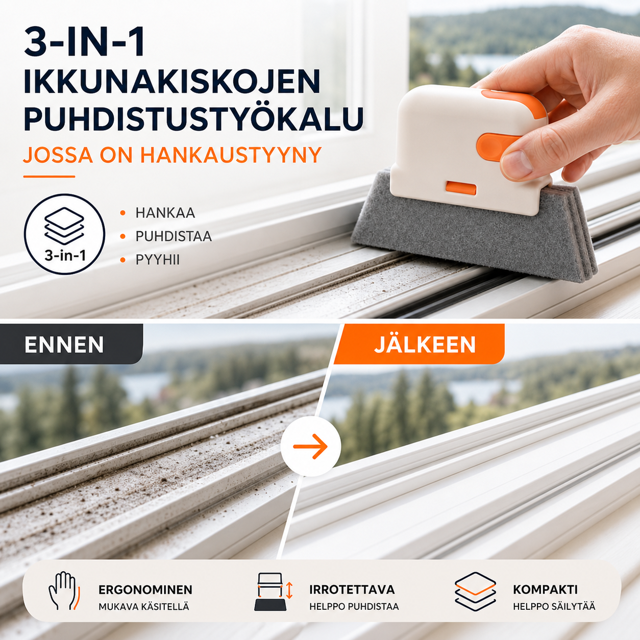3-in-1-ikkunakiskojen puhdistustyökalu, jossa on hankaustyyny