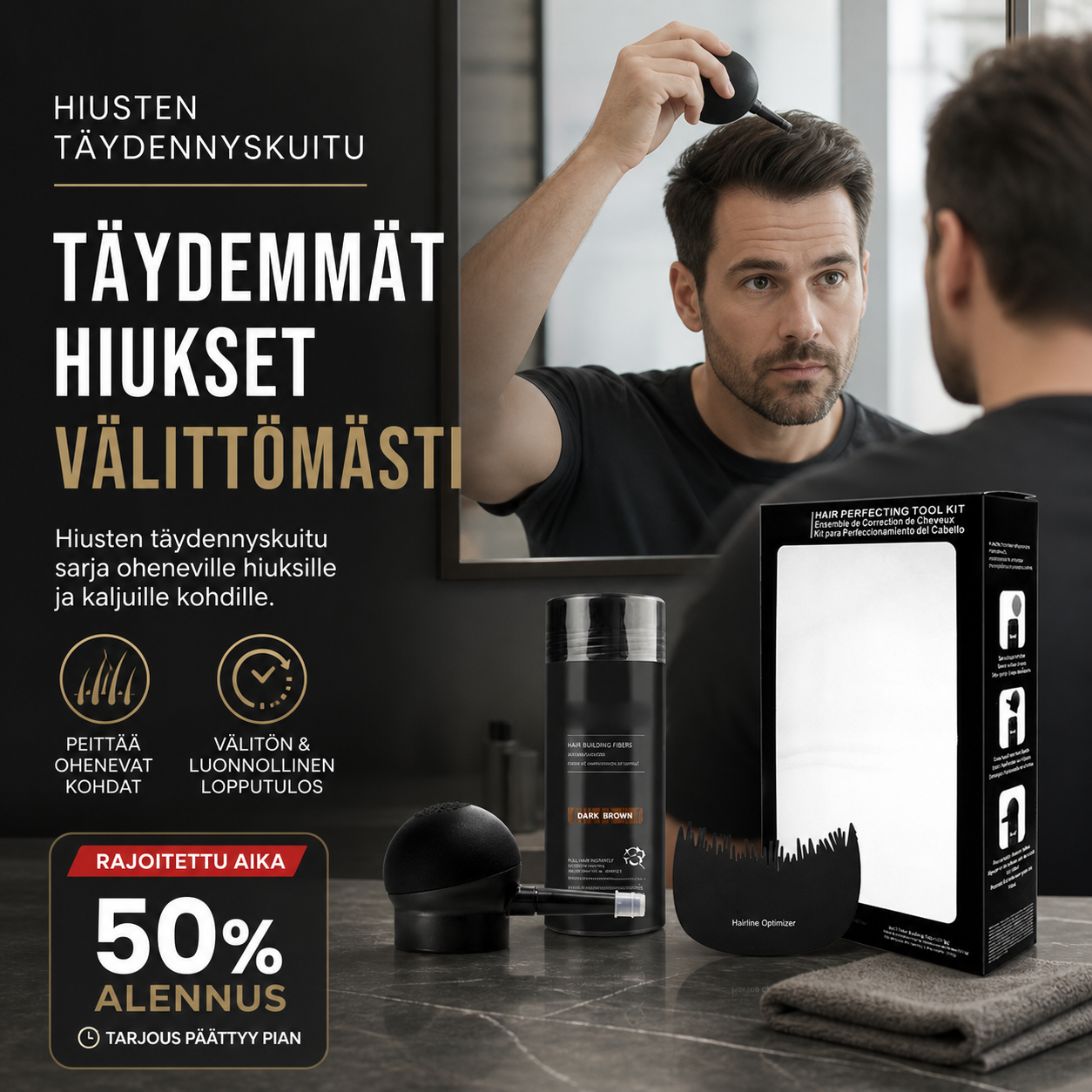 Hiusten täydennyskuitu sarja oheneville hiuksille ja kaljuille kohdille