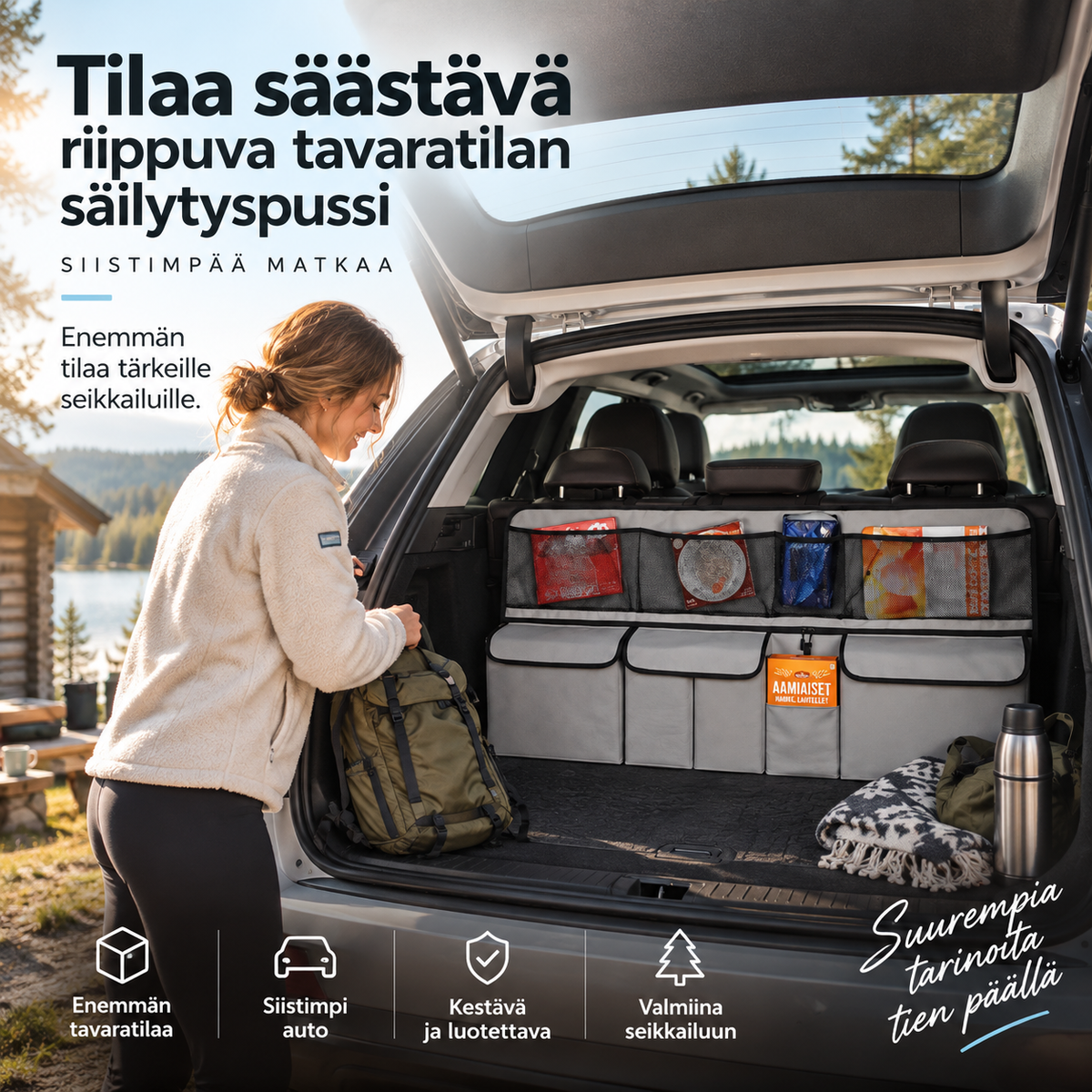 Tilaa säästävä riippuva tavaratilan säilytyspussi autoon