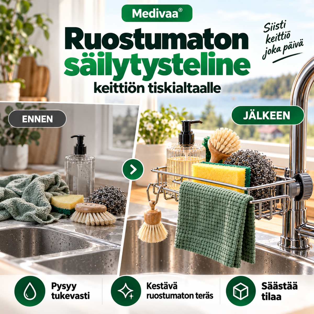 Ruostumaton säilytysteline keittiön tiskialtaalle