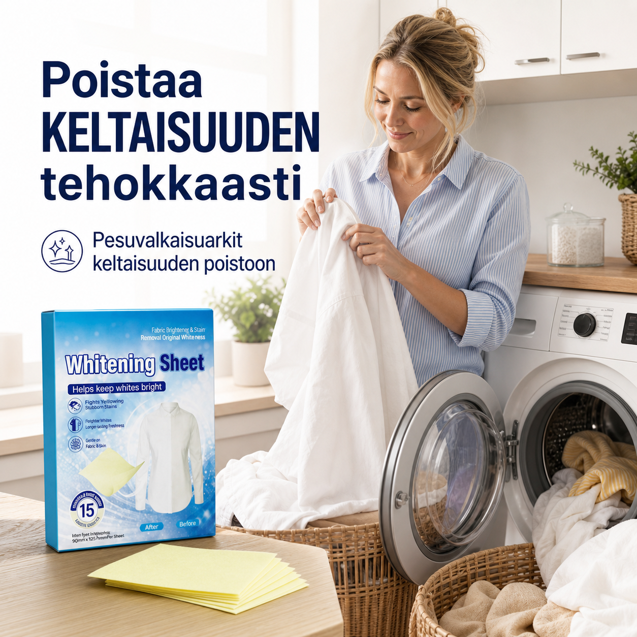 Pesuvalkaisuarkit keltaisuuden poistoon