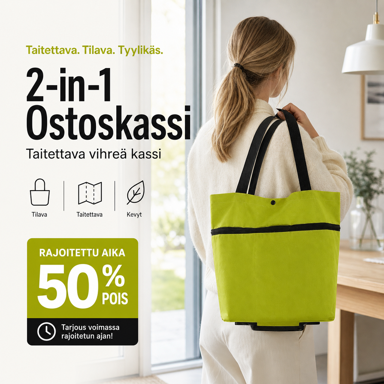 🔥KUUMAT TARJOUKSET 50 % ALENNUS🔥2-in-1-ostoskassi, taitettava vihreä kassi