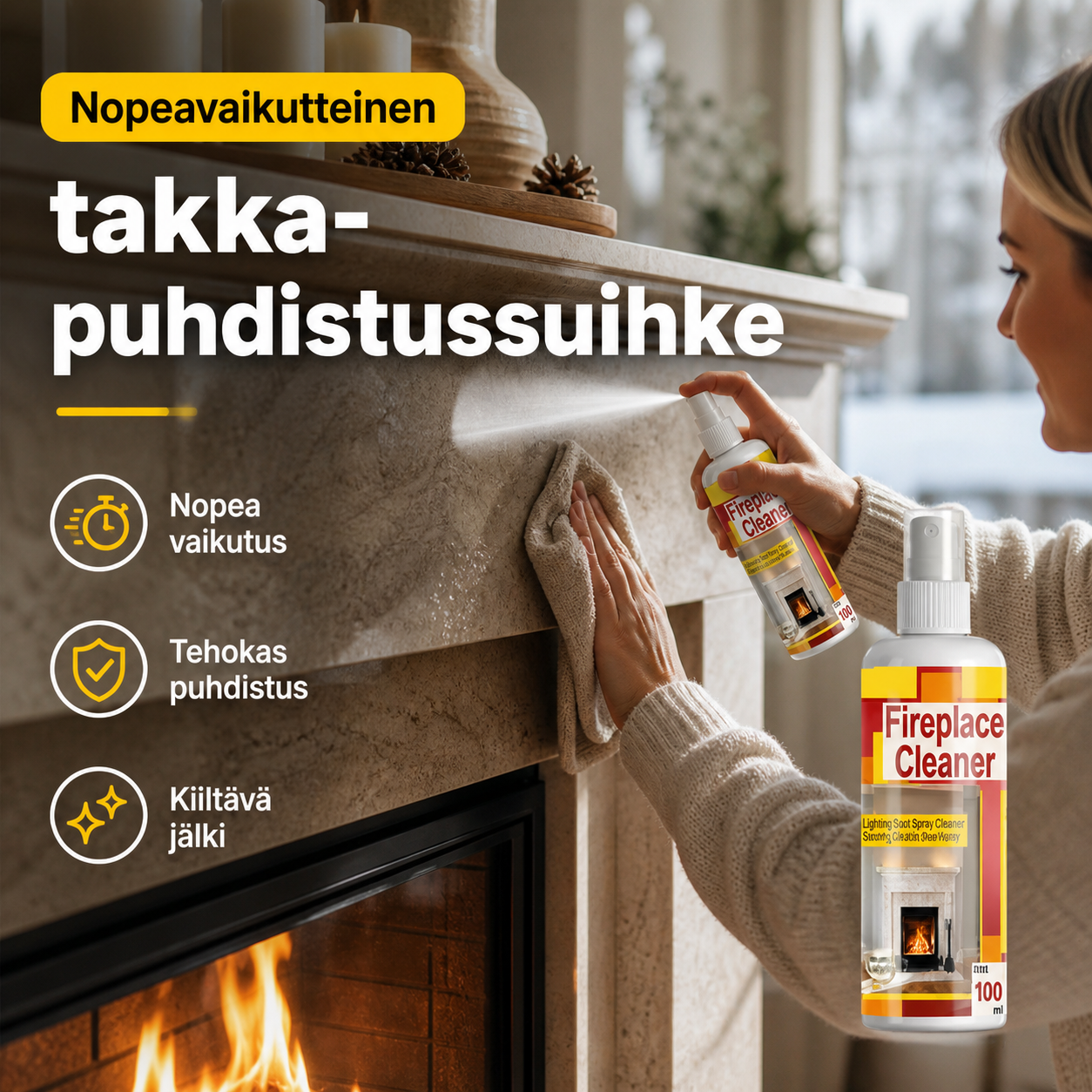 🔥 50% ALENNUS NYT! Nopeavaikutteinen takkapuhdistussuihke – syvälle tunkeutuva noki- ja savutahranpoistoaine