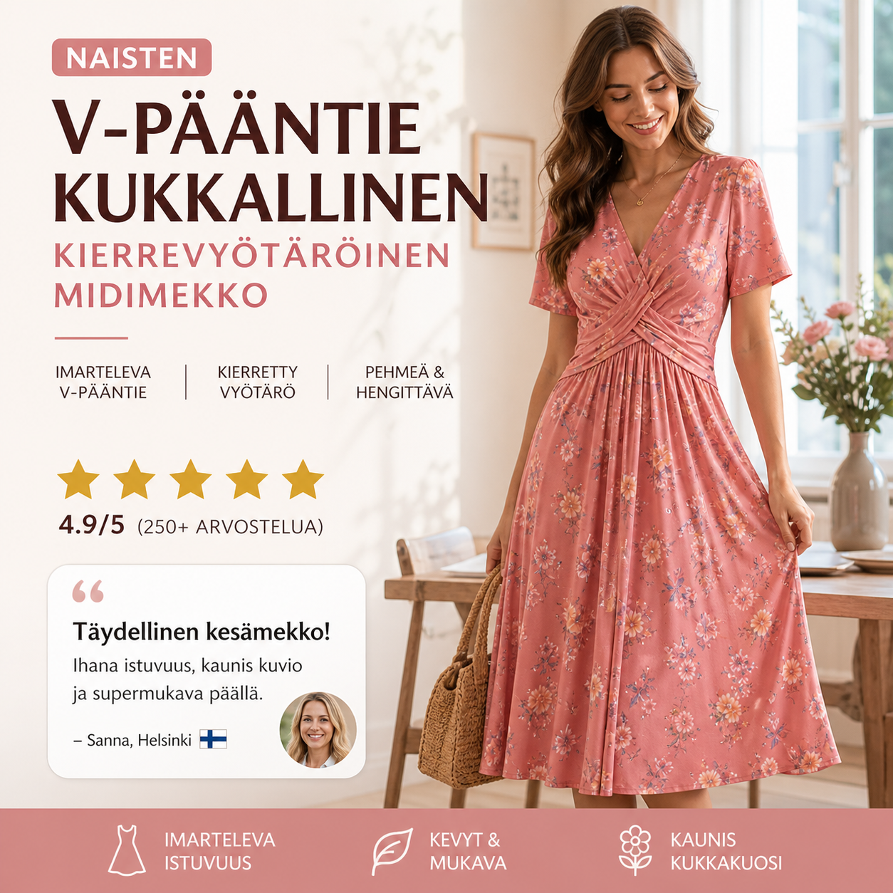 👗 -50% NYT! 💐Naisten V-pääntie kukallinen kierrevyötäröinen midimekko – sivutaskuilla, pehmeä virtaava rento kesämekko