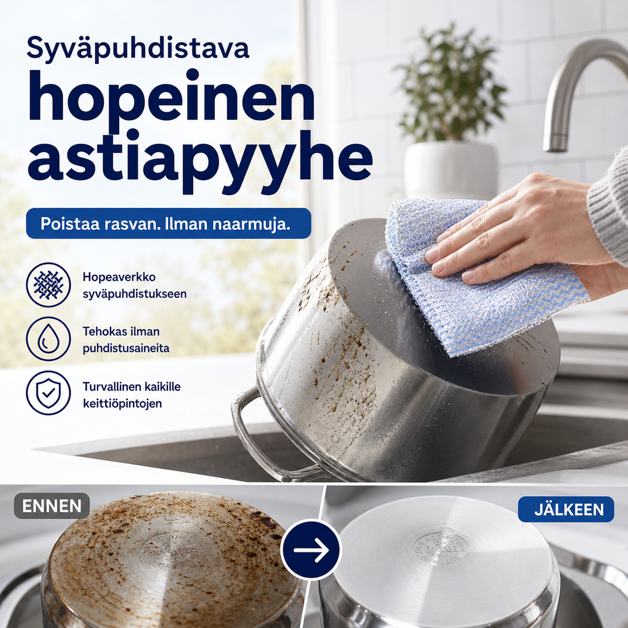 Syväpuhdistava hopeinen astiapyyhe