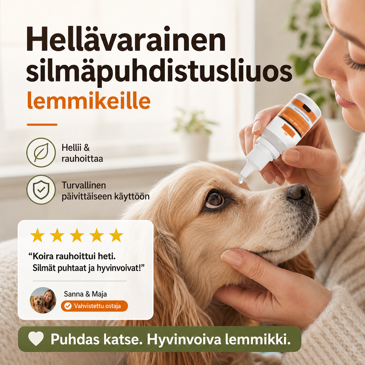 Hellävarainen silmäpuhdistusliuos lemmikeille