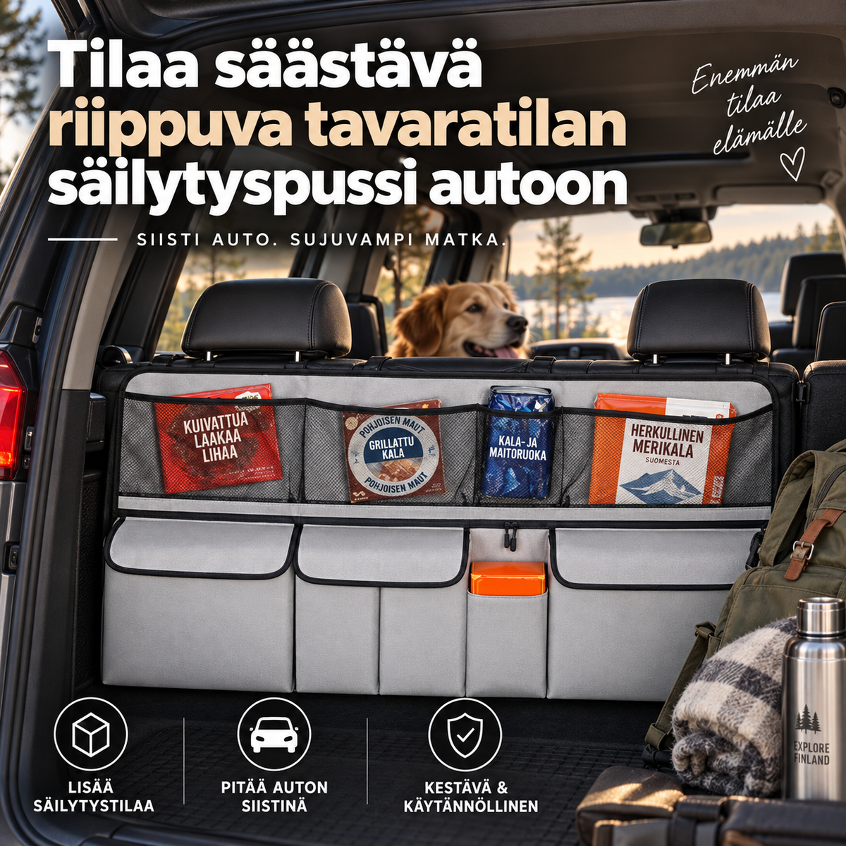 Tilaa säästävä riippuva tavaratilan säilytyspussi autoon