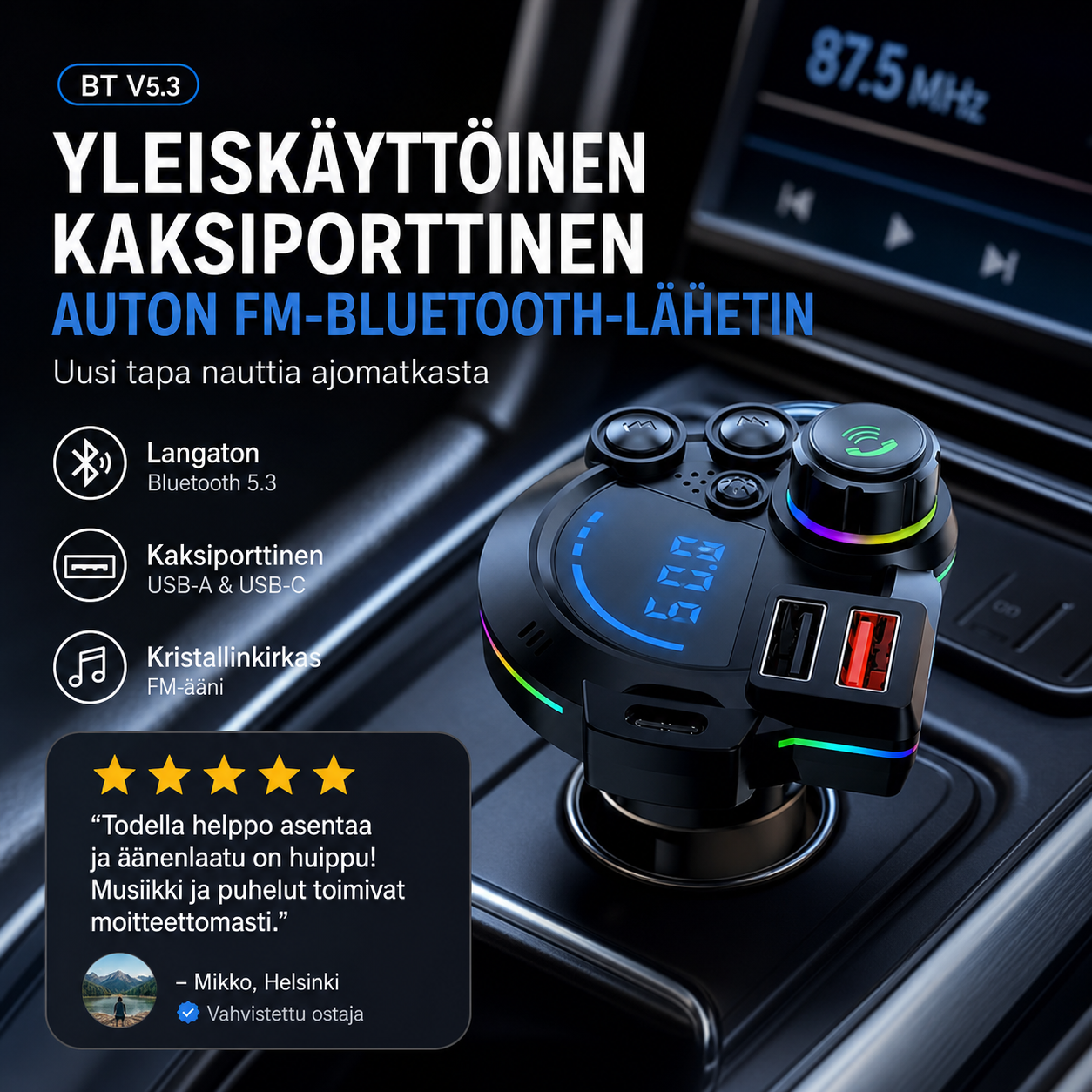📻 NYT 50 % ALENNUS! 🚗 Yleiskäyttöinen kaksiporttinen auton FM-Bluetooth-lähetin – langaton musiikin toisto, handsfree-puhelut ja kaksi USB-latausporttia 🔌