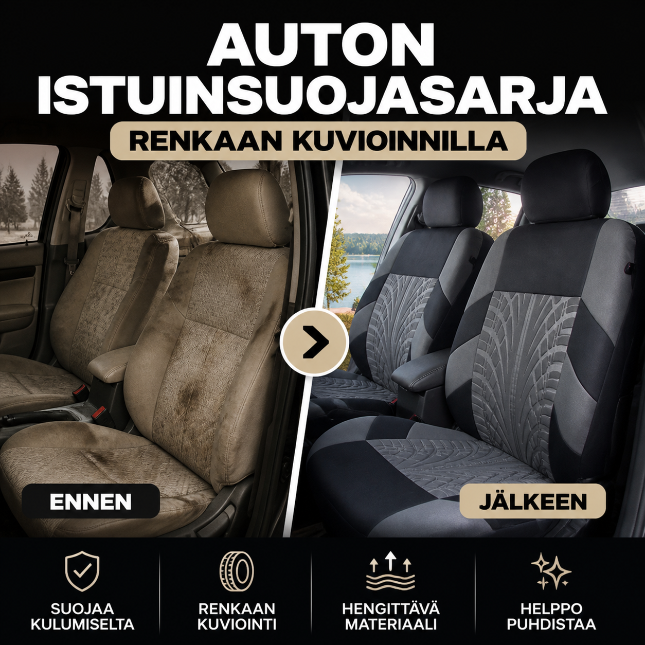 Auton istuinsuojasarja renkaan kuvioinnilla