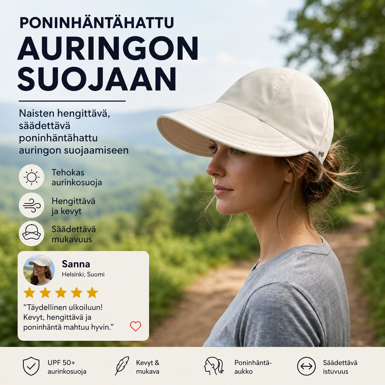 Naisten hengittävä, säädettävä poninhäntähattu auringon suojaamiseen