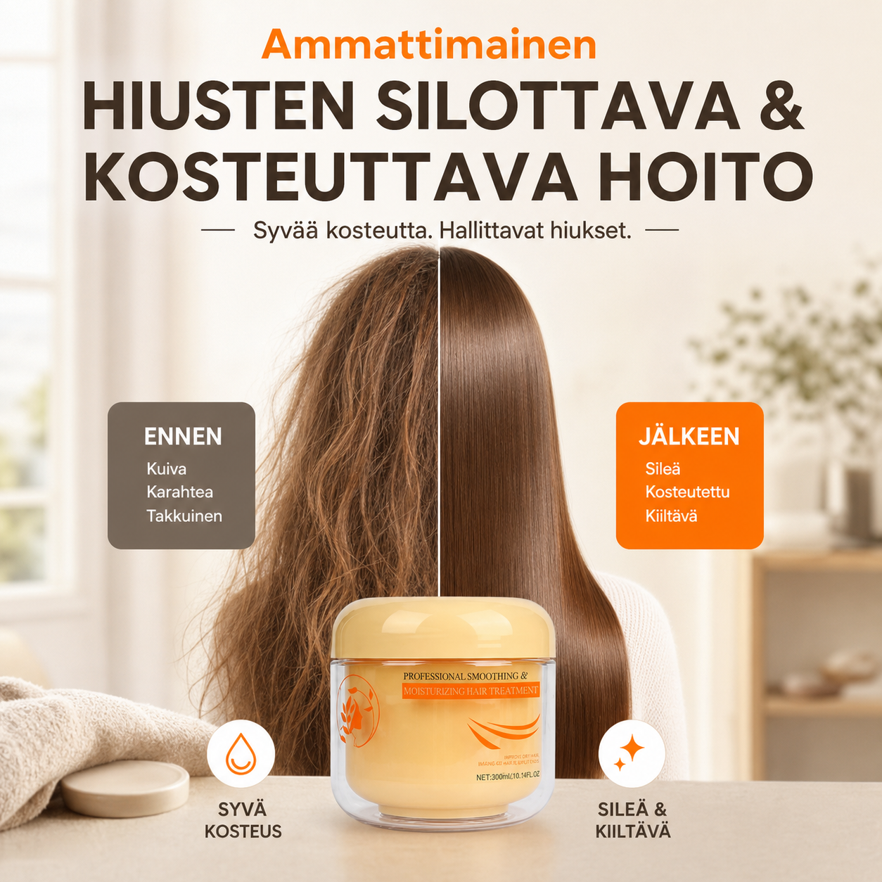 Ammattimainen hiusten silottava ja kosteuttava hoito