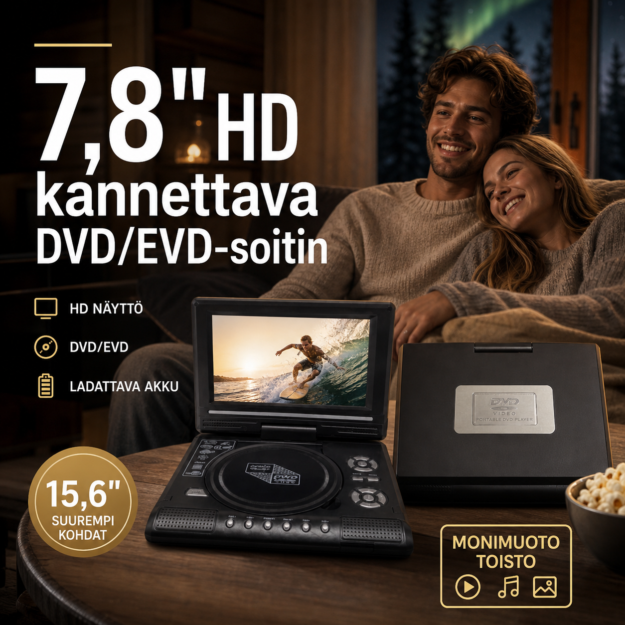 📺 7,8" HD kannettava DVD/EVD-soitin – suuri näyttö, ladattava ja yhteensopiva DVD/CD/USB/SD-korttien kanssa – täydellinen kotiin ja matkalle 🔥 -53%