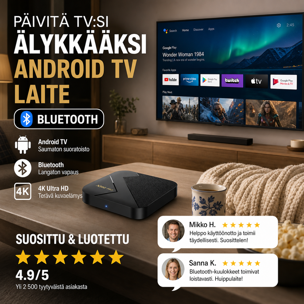 ⏳🔥RAJOITETUN AJAN TARJOUS: 50 % ALENNUS! Android TV -laite, jossa on Bluetooth