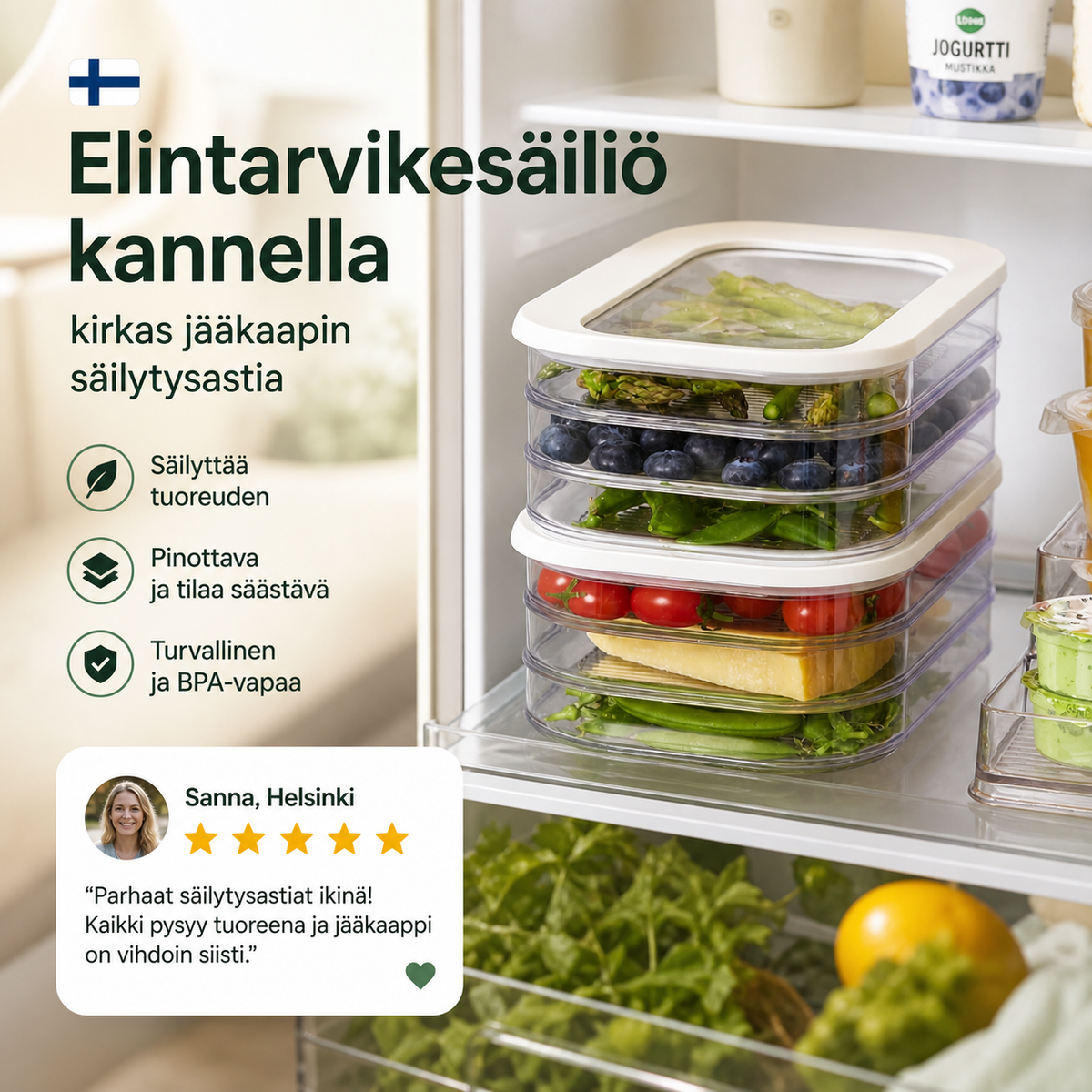 Elintarvikesäiliö kannella – kirkas jääkaapin säilytysastia