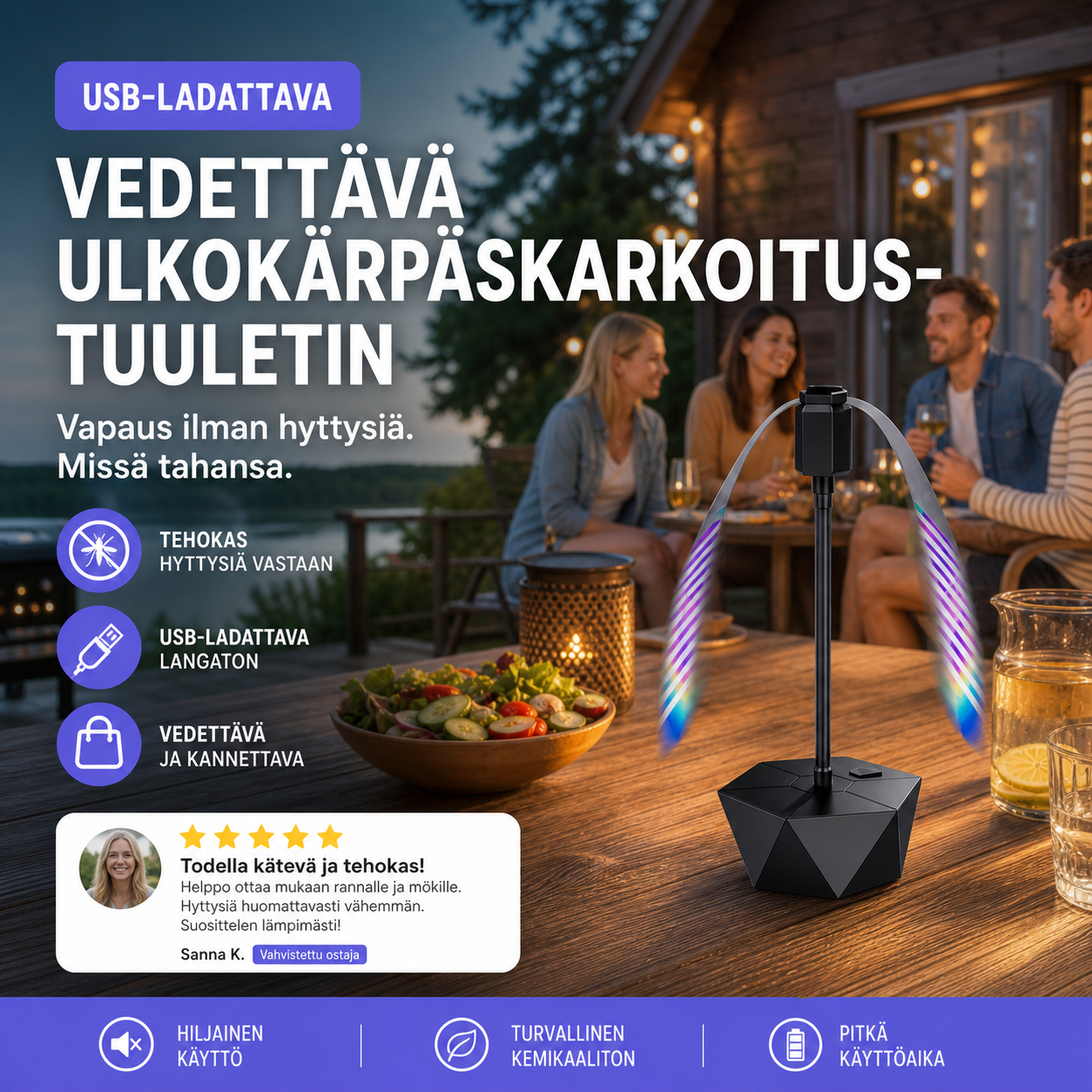 USB-ladattava vedettävä ulkokärpäskarkoitustuuletin