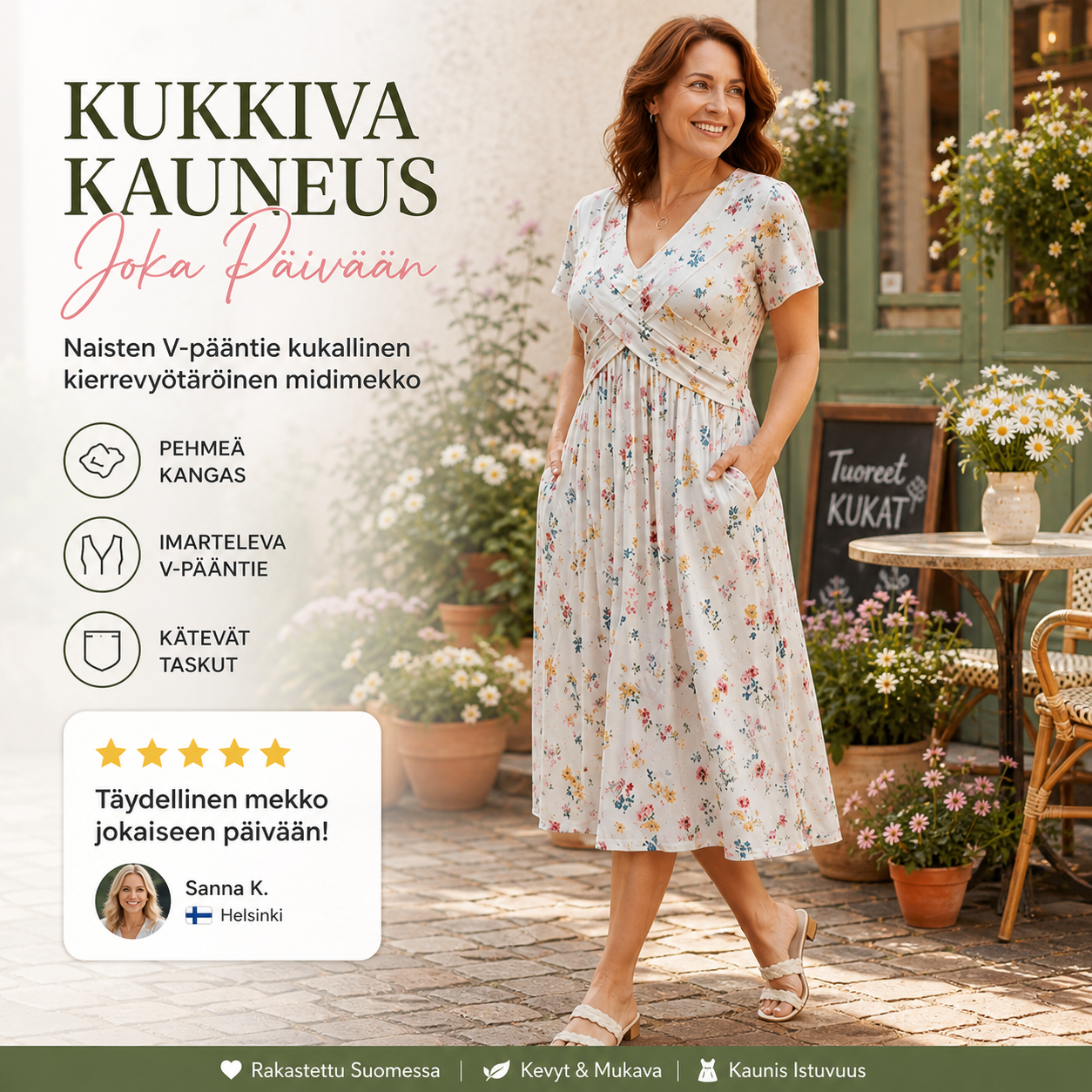 👗 -50% NYT! 💐Naisten V-pääntie kukallinen kierrevyötäröinen midimekko – sivutaskuilla, pehmeä virtaava rento kesämekko