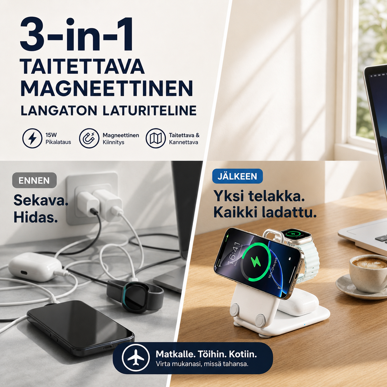 3-in-1 -taitettava magneettinen langaton laturiteline