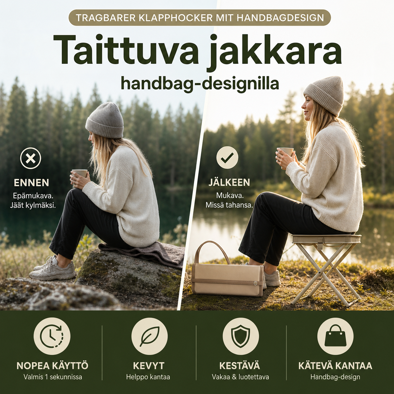 Kannettava kokoontaitettava jakkara käsilaukkumuotoilulla