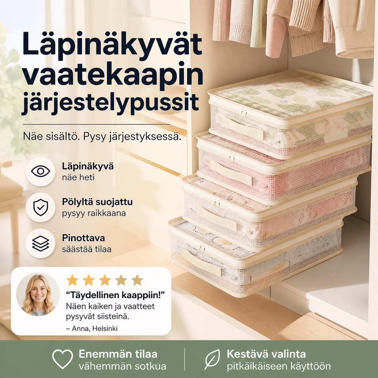 Läpinäkyvät vaatekaapin järjestelypussit