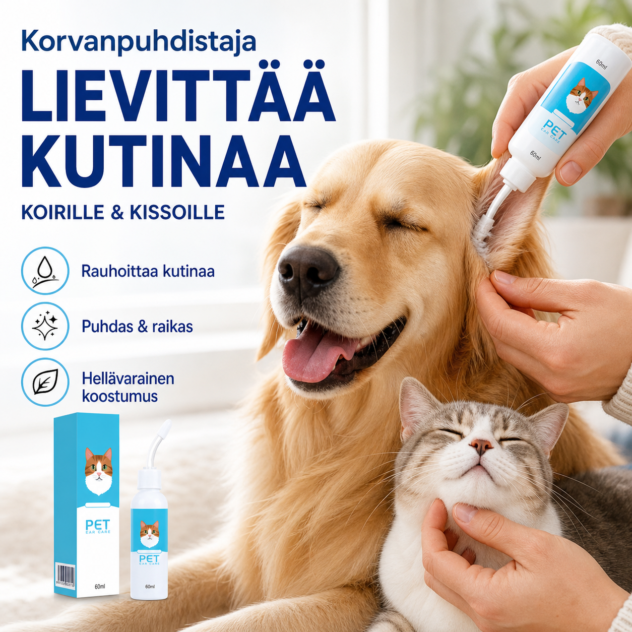 🐶🐱 Korvanpuhdistaja, lievittää koirien ja kissojen kutinaa
