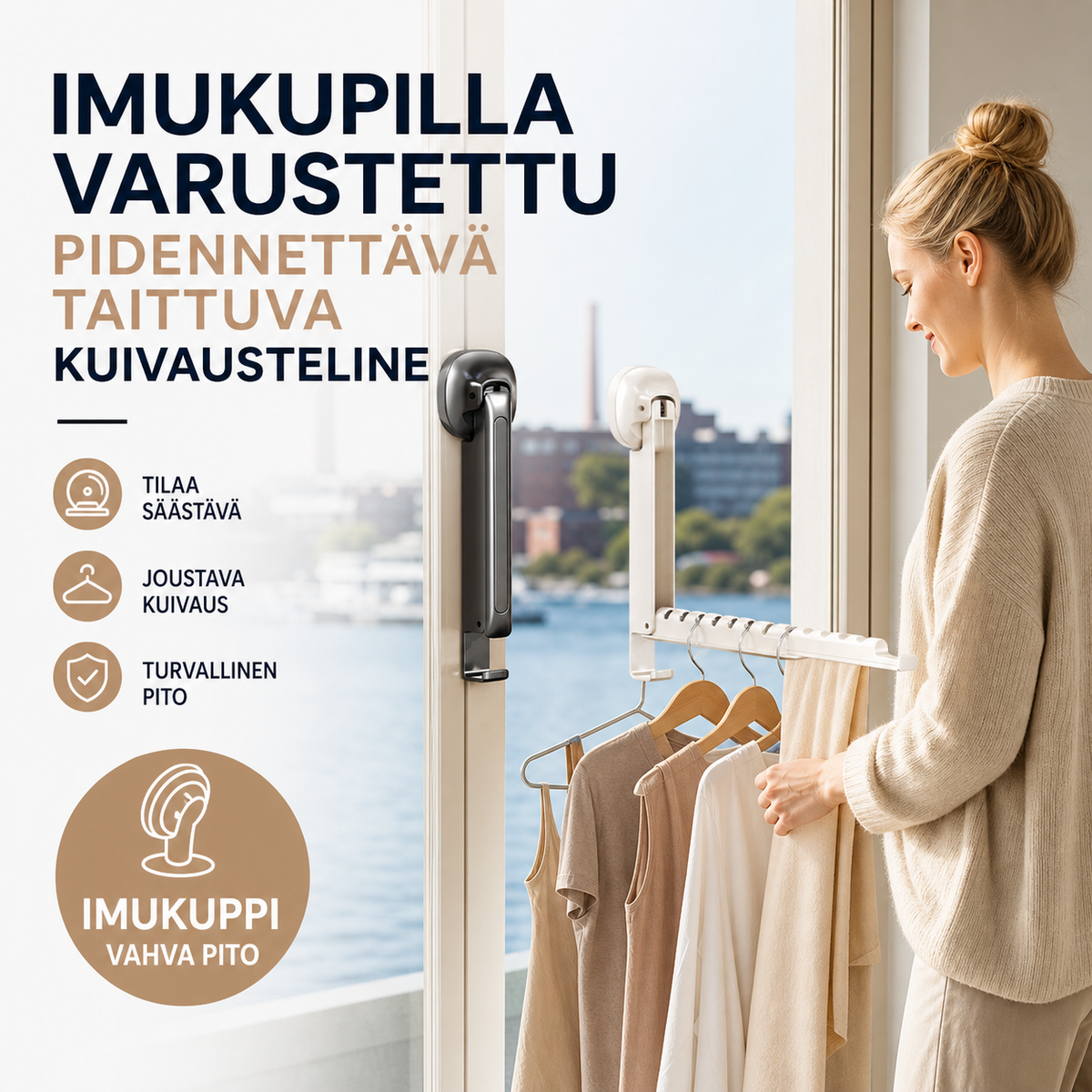 Imukupilla varustettu pidennettävä taittuva kuivausteline