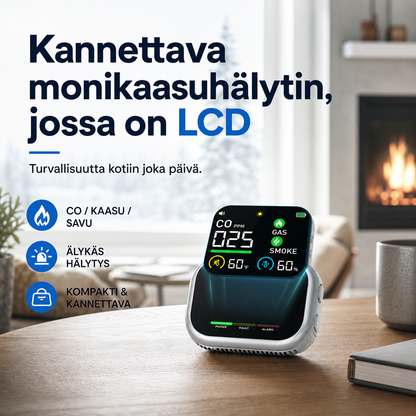 Kannettava monikaasuhälytin, jossa on LCD-näyttö ja varakäyttöakku