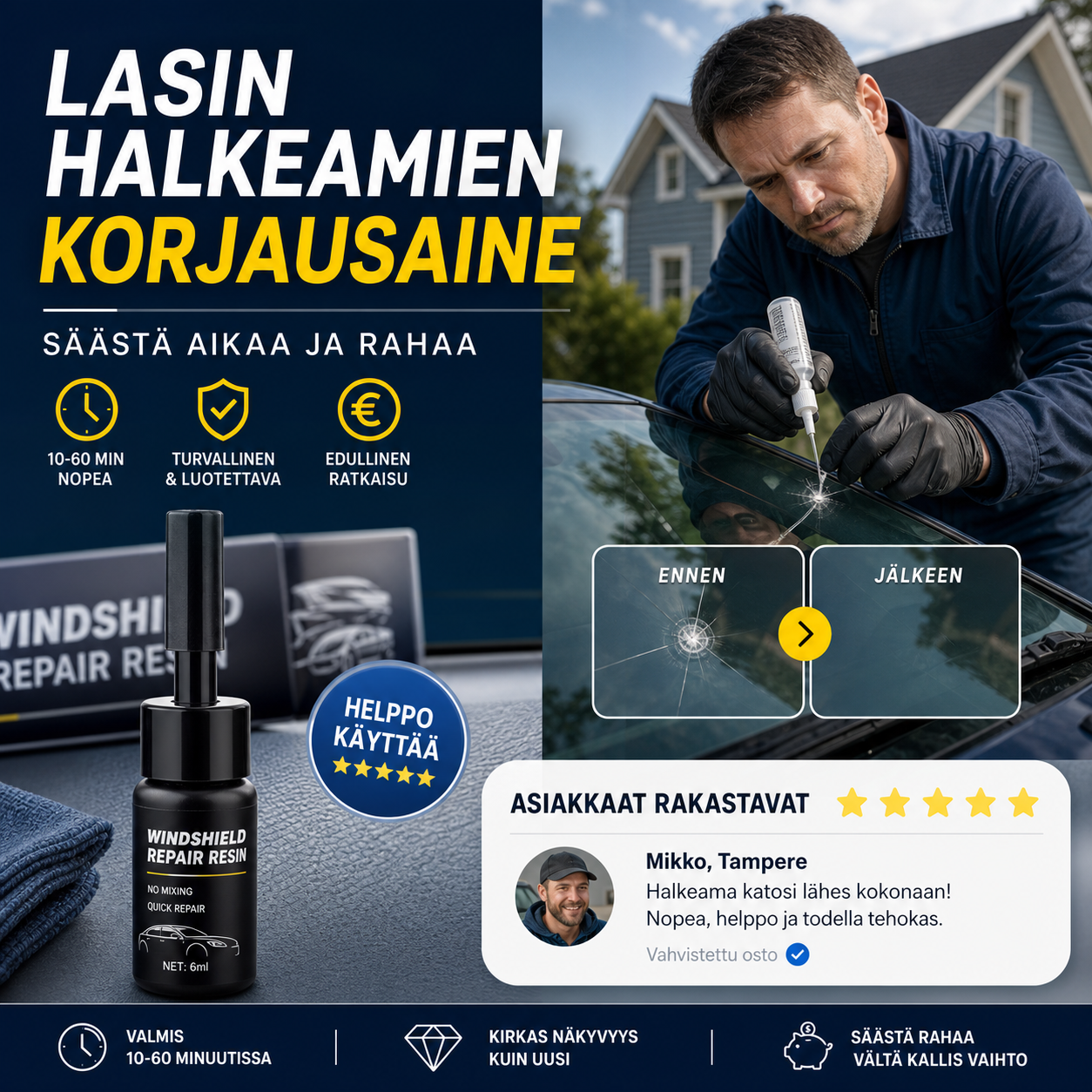 Lasin halkeamien korjausaine