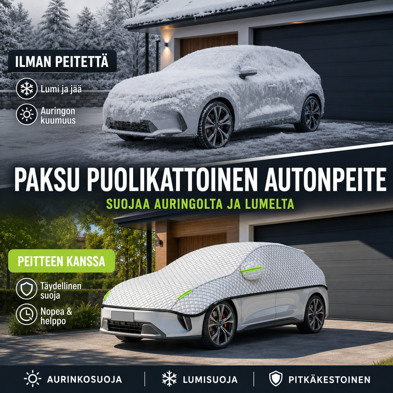 Paksu puolikattoinen autonpeite, suojaa auringolta ja lumelta