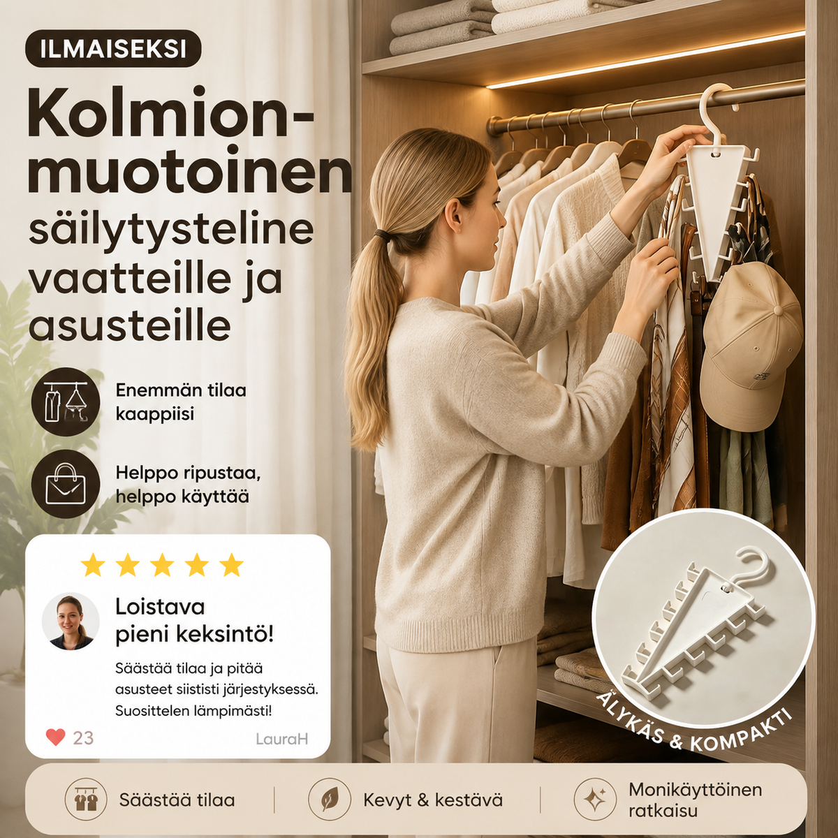 ilmaiseksi – Kolmionmuotoinen säilytysteline vaatteille ja asusteille