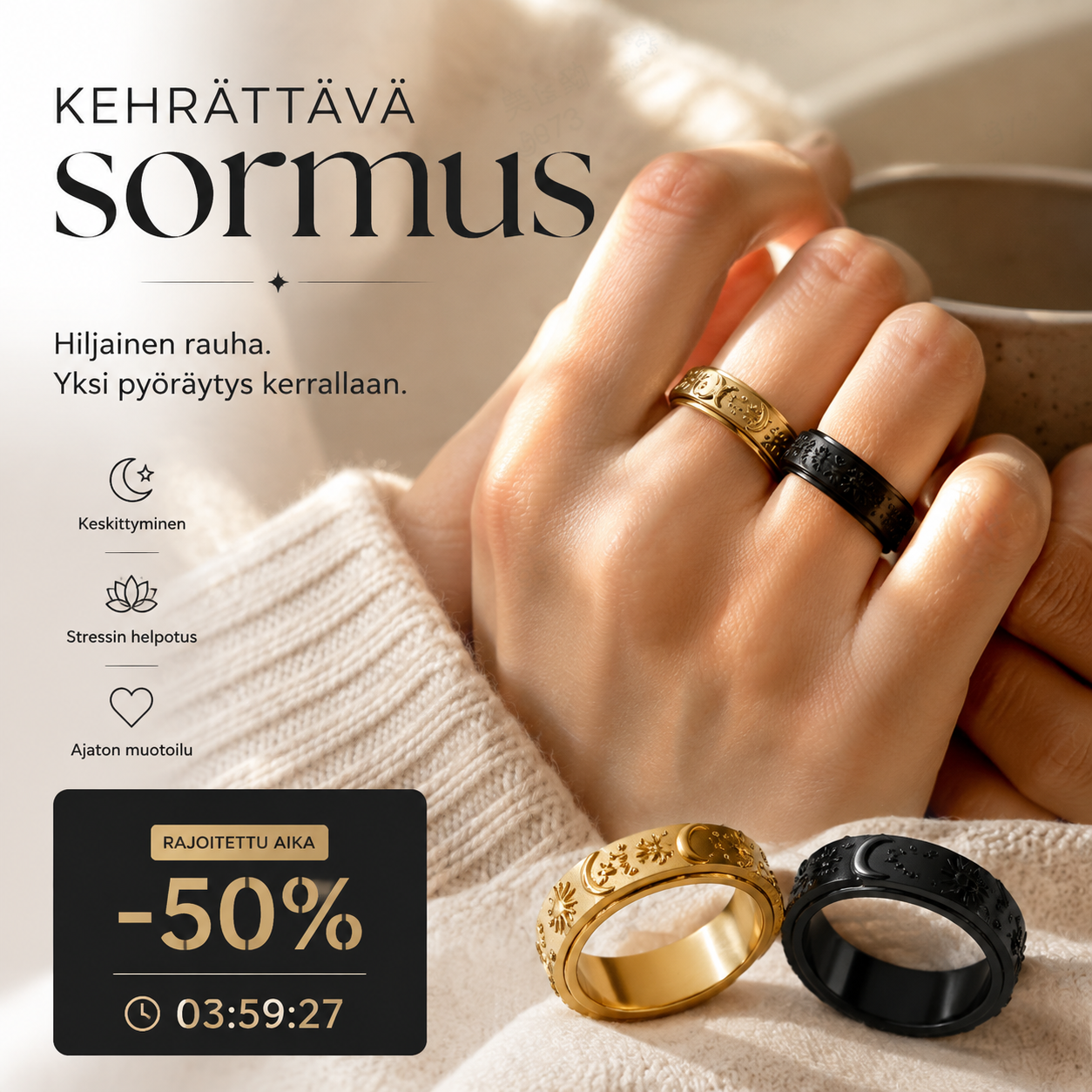 🎉 Alennusmyynti 2026 — Yli 18 000 kappaletta myyty! 💞 Aurinko-, kuu- ja tähtikehräsormus ahdistuksen lievitykseen pareille – Pyöritä stressi pois 🌸