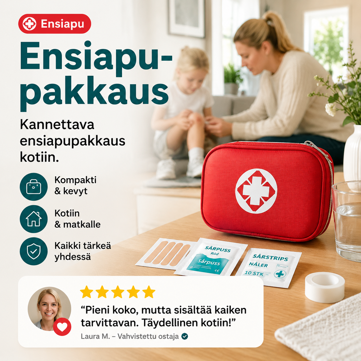 Ensiapupakkaus: Kannettava ensiapupakkaus kotiin – täydellinen varusteineen | 26-osainen setti