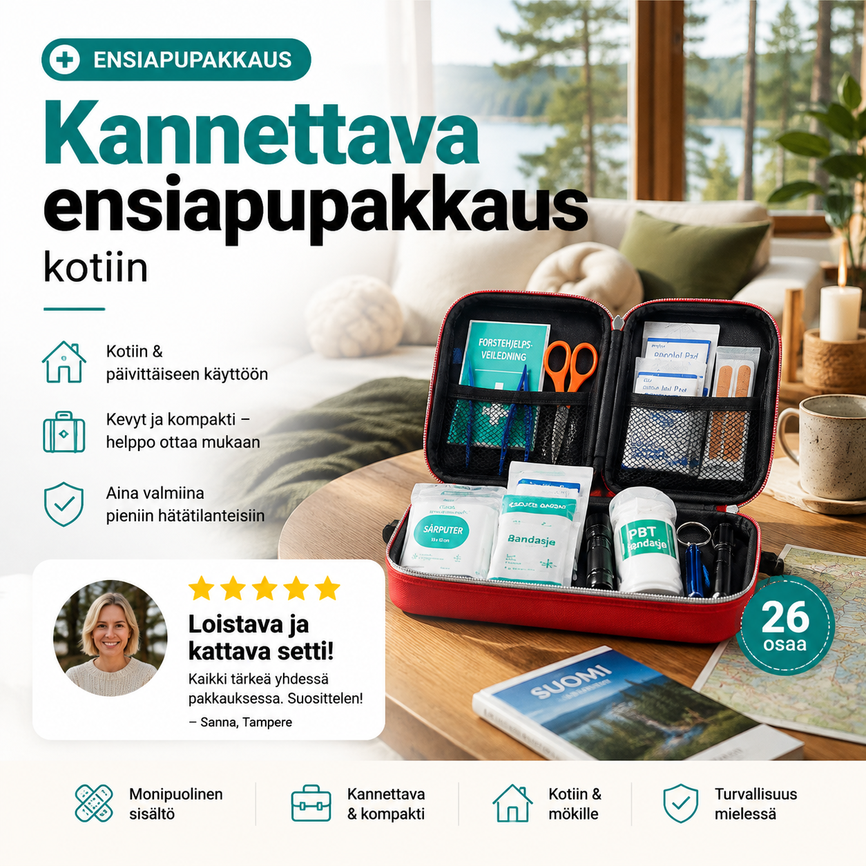 Ensiapupakkaus: Kannettava ensiapupakkaus kotiin – täydellinen varusteineen | 26-osainen setti