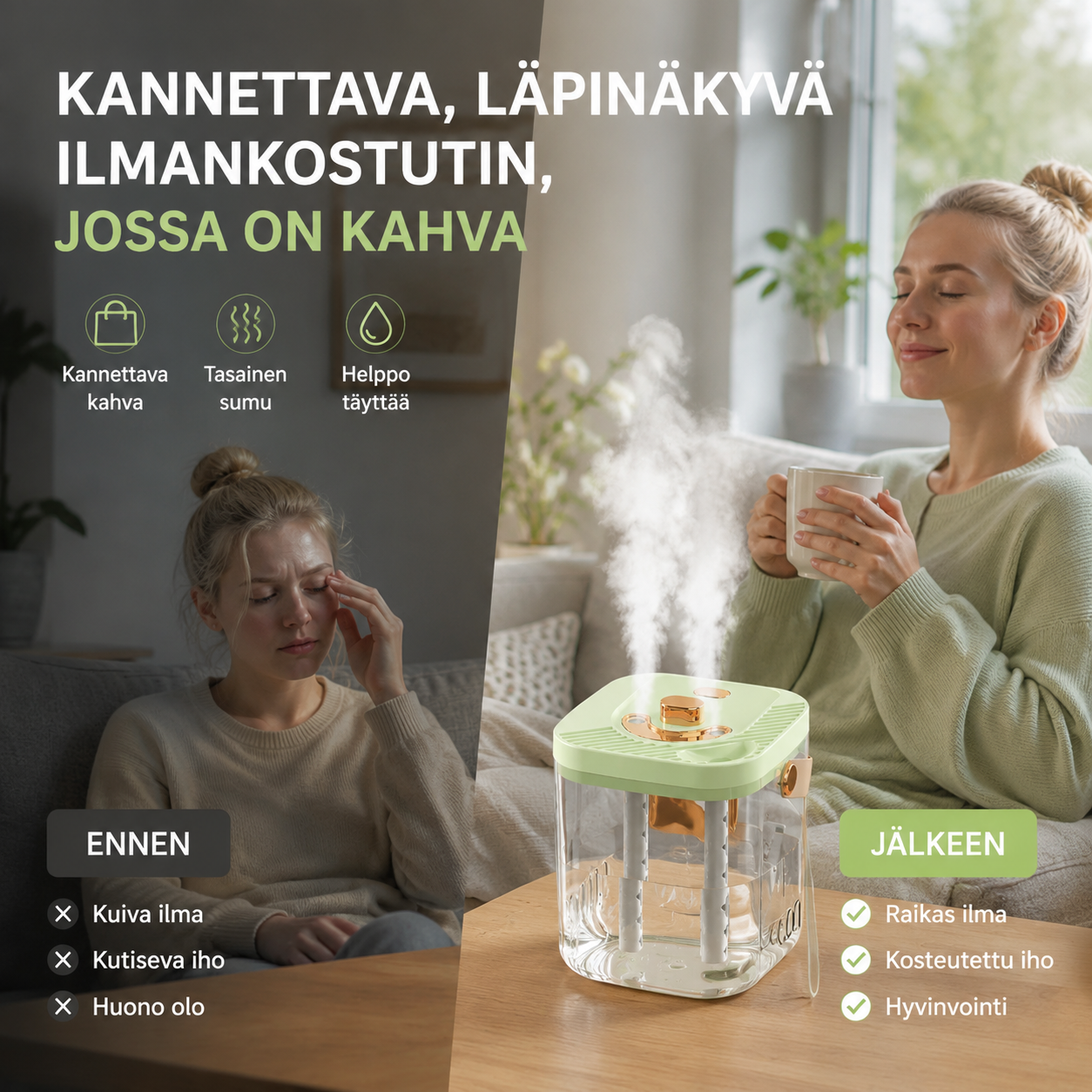 Kannettava, läpinäkyvä ilmankostutin, jossa on kahva