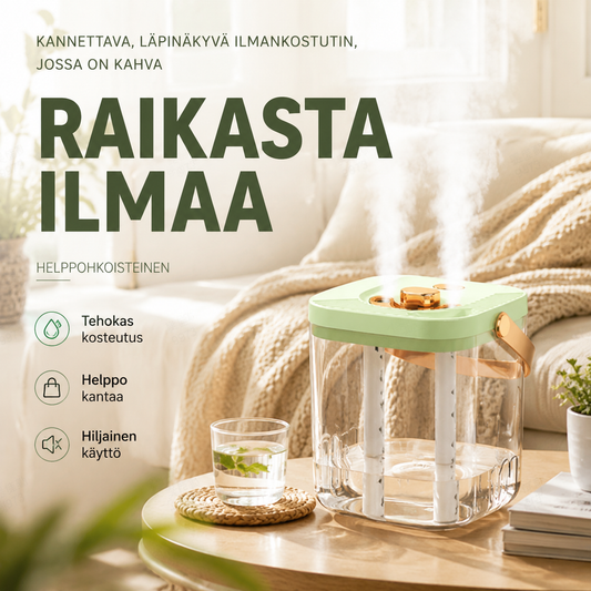 Kannettava, läpinäkyvä ilmankostutin, jossa on kahva