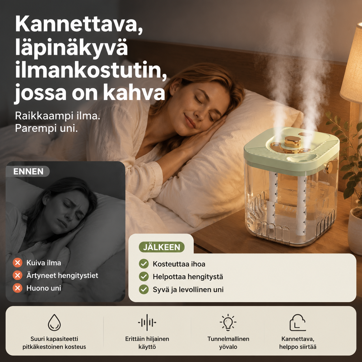 Kannettava, läpinäkyvä ilmankostutin, jossa on kahva