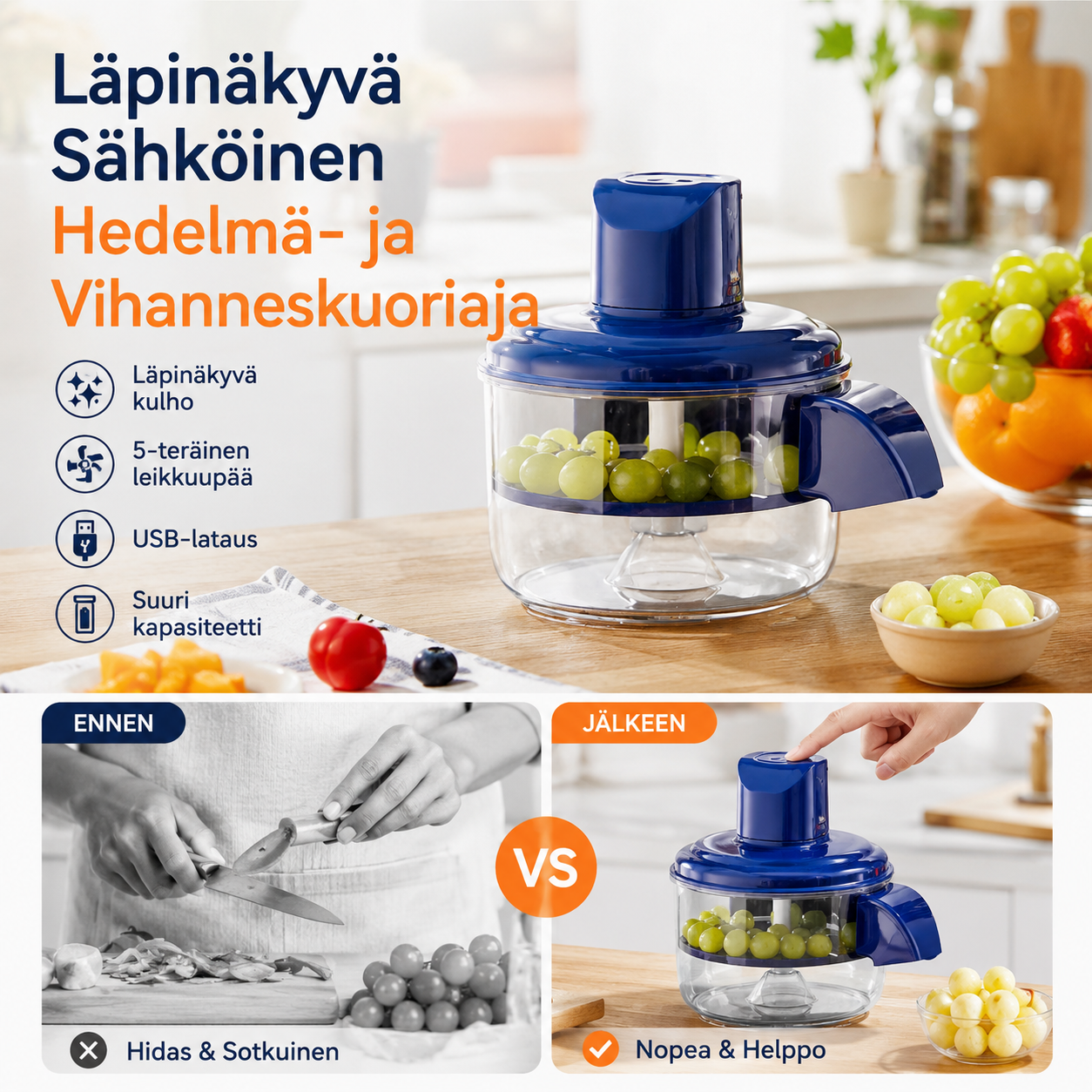 ⏳ Rajallinen aika -50% alennus⏰ Läpinäkyvä Sähköinen Hedelmä- ja Vihanneskuoriaja🍇🧄🥔