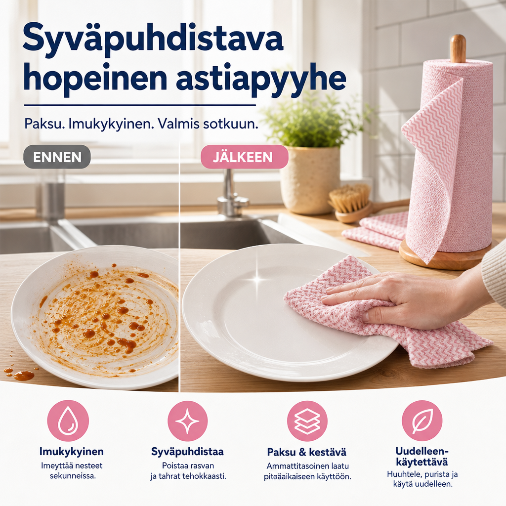Syväpuhdistava hopeinen astiapyyhe
