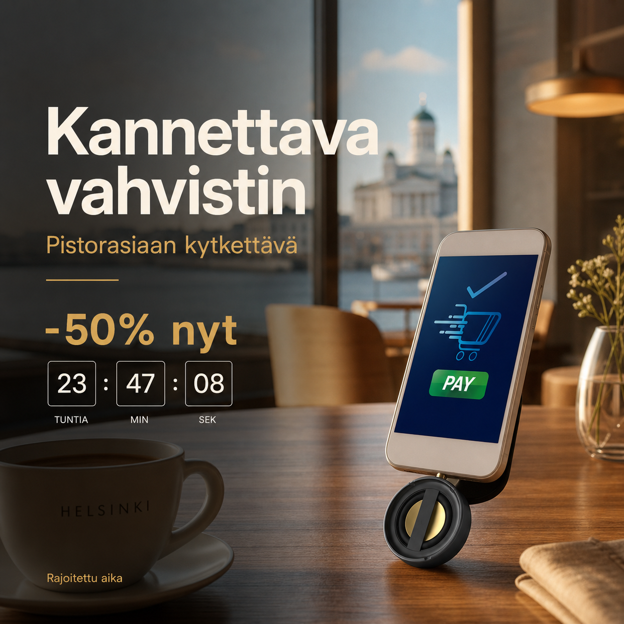 Kannettava, pistorasiaan kytkettävä matkapuhelimen vahvistin