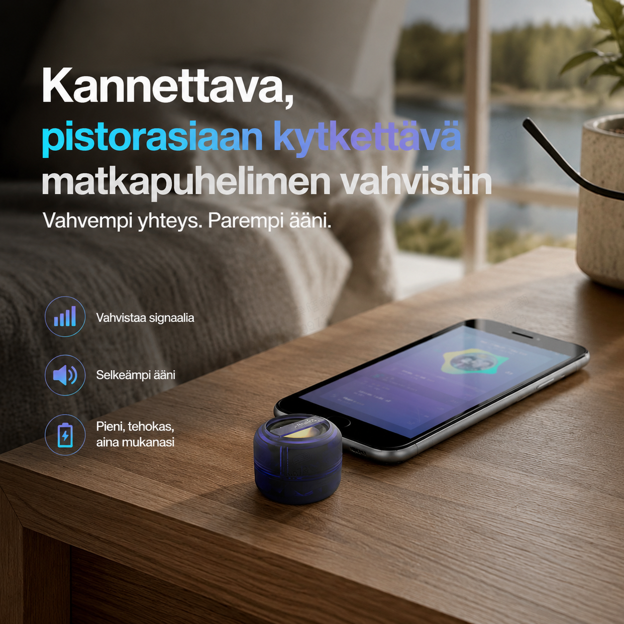 Kannettava, pistorasiaan kytkettävä matkapuhelimen vahvistin