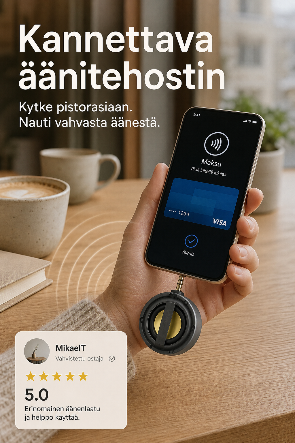 Kannettava, pistorasiaan kytkettävä matkapuhelimen vahvistin