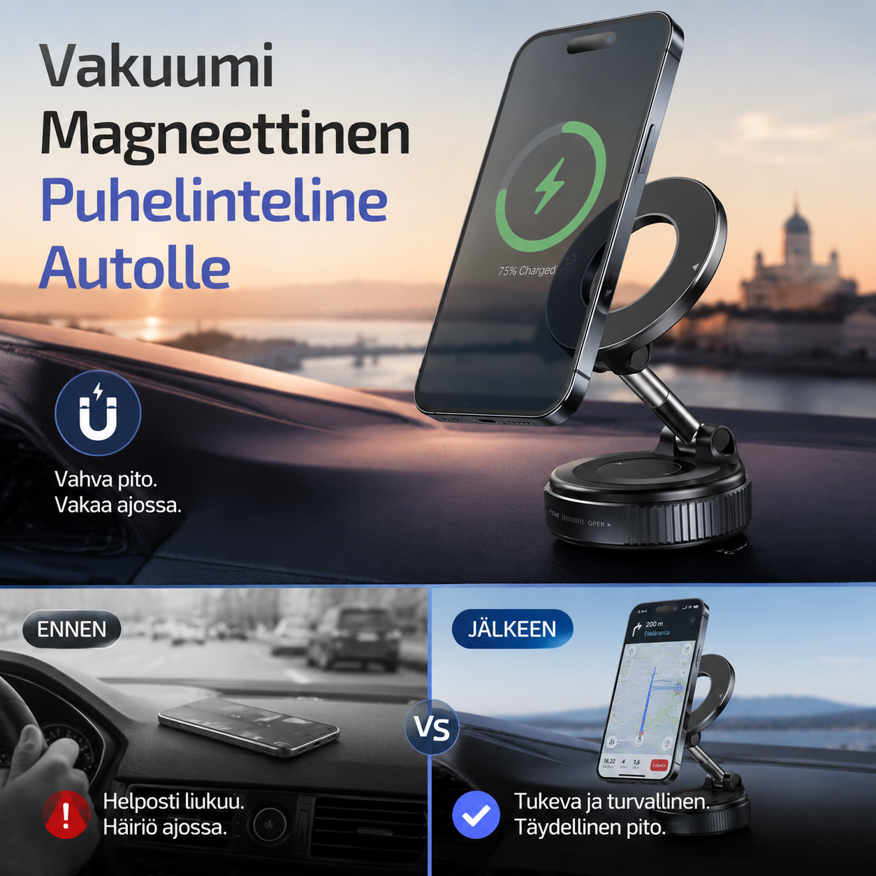 Tyhjiömagneettinen imukuppipidike autoon