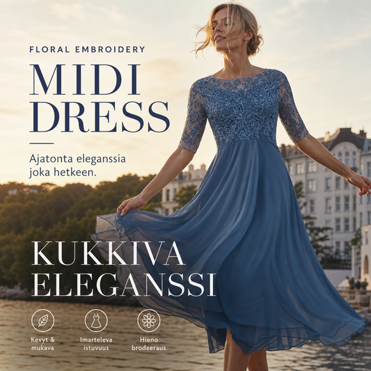 Kukkakirjailtu midimekko – ilmava ja tyylikäs pyöreä kaula-aukko🌸