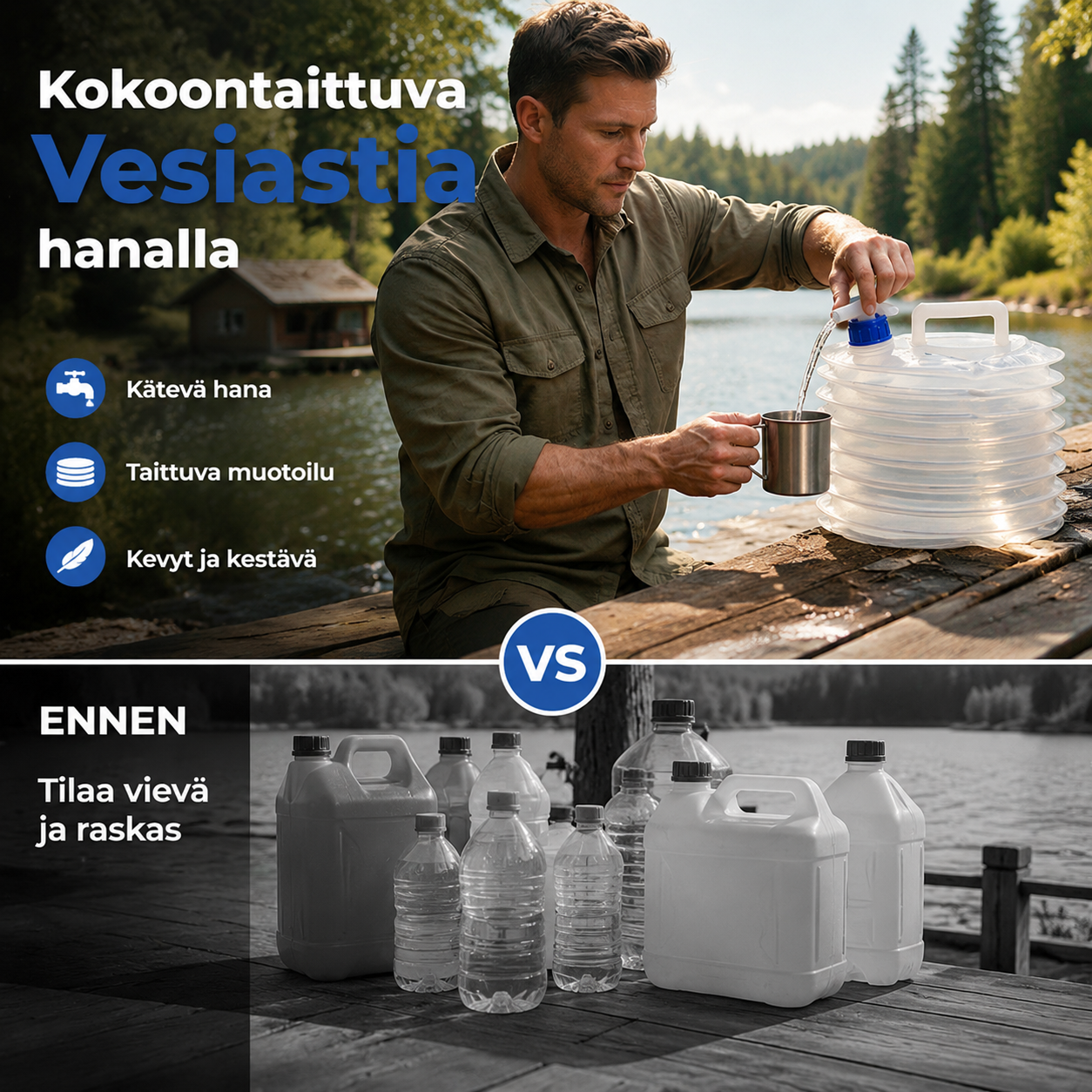 Kokoontaitettava vesisäiliö, jossa on hana