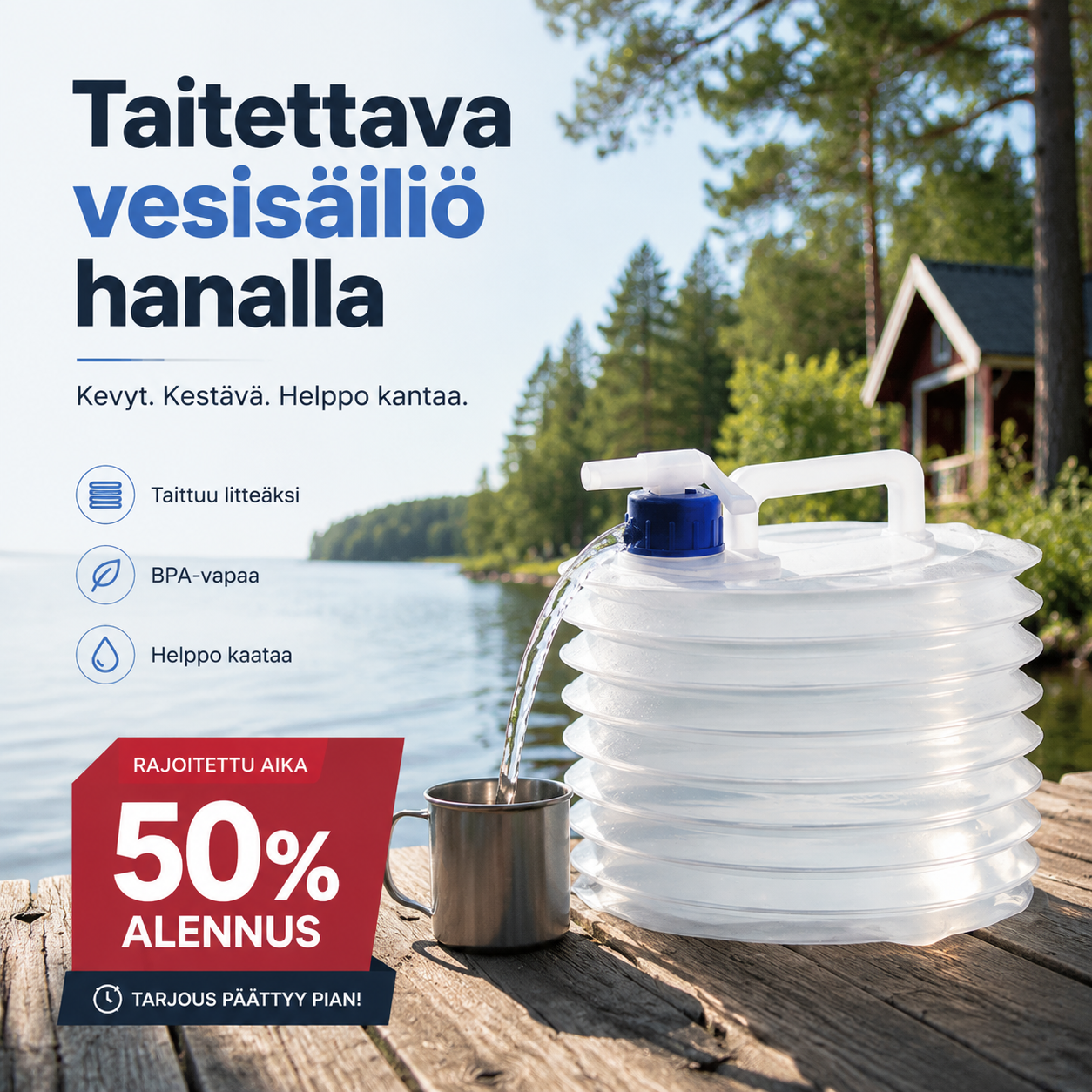 Kokoontaitettava vesisäiliö, jossa on hana